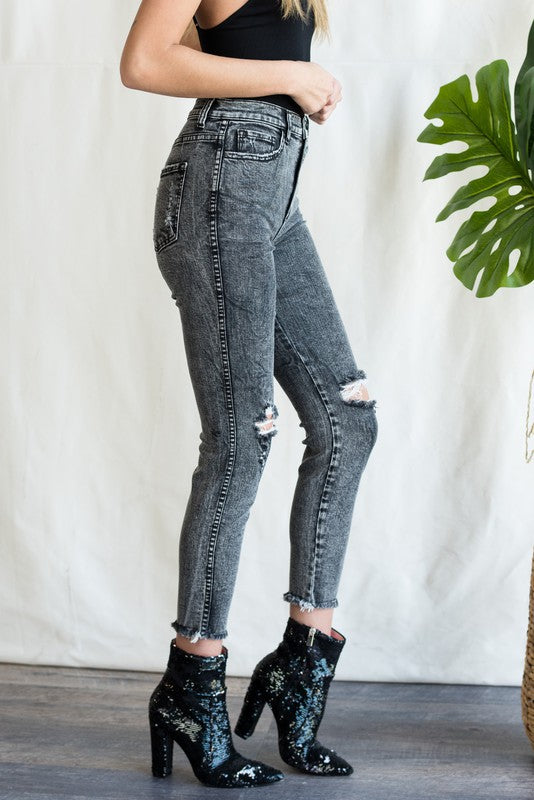 SP High Rise Ankle Skinny Jeans With Knee Distress