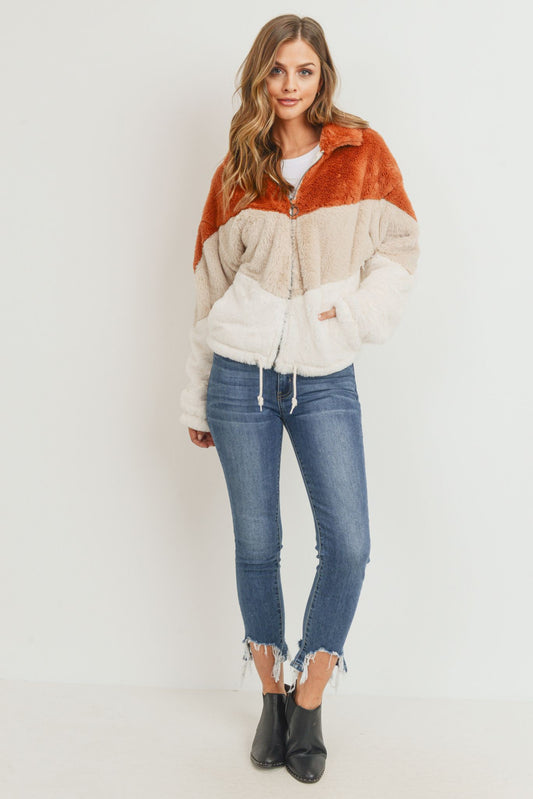 Colorblock Short Fur Jacket With Drawstring Hem !