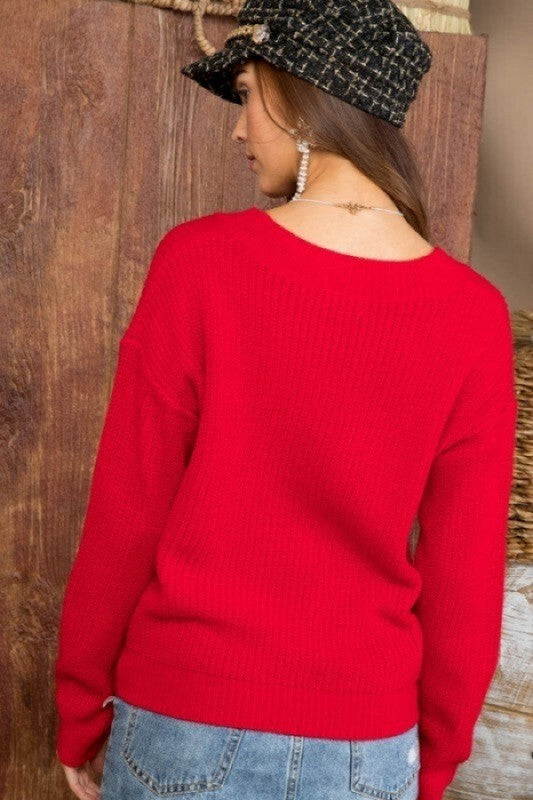 V Neck Long Sleeve Front Knot Detail Sweater!