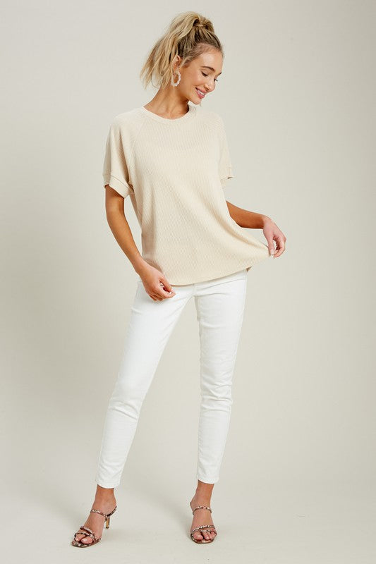 Pointelle Textured Raglan Short Sleeve Knit Top