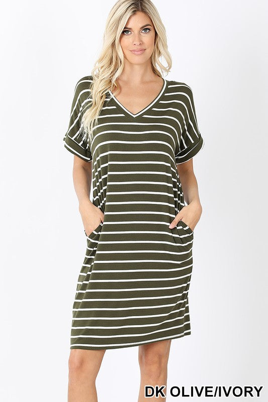 Striped Rolled Short Sleeve V-Neckline Dress!
