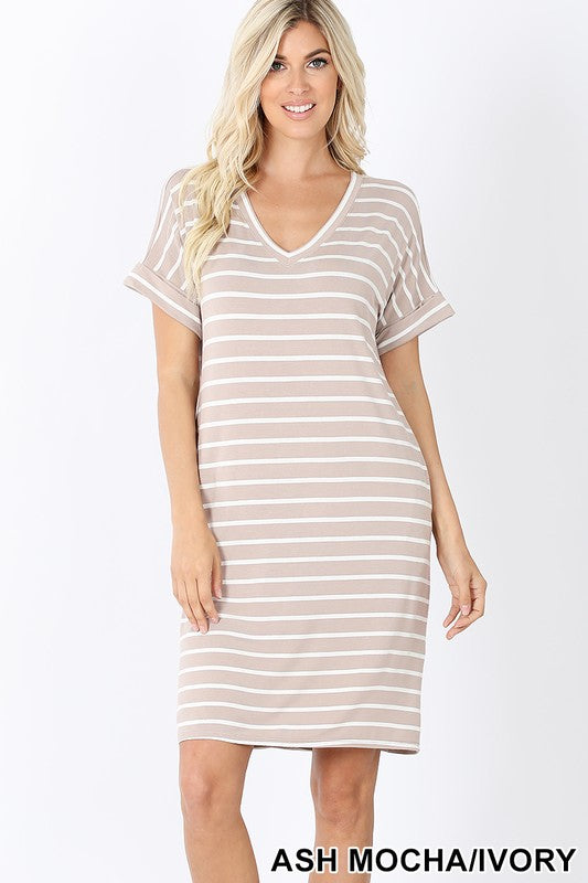 Striped Rolled Short Sleeve V-Neckline Dress!