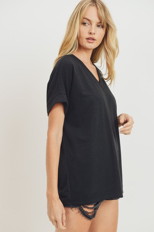V Neck Short Cuffed Sleeve French Terry Top!