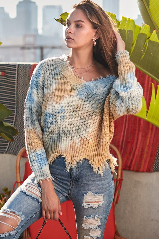 Distressed V Neck Loose Fit Tie-Dye Sweater!~
