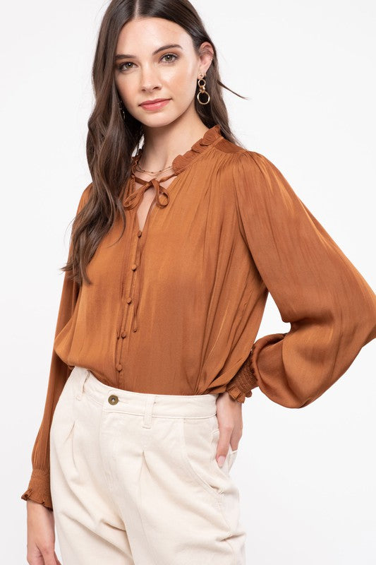 Key Hole Neck With Tie Long Sleeve Blouse!