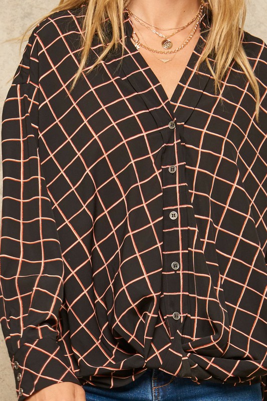 Plaid Button-Down Gathered-Hem Collarless Shirt ! – Closet