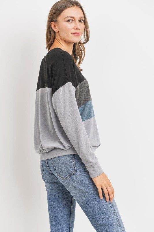 Color Block Long Sleeves French Terry Knit Top !