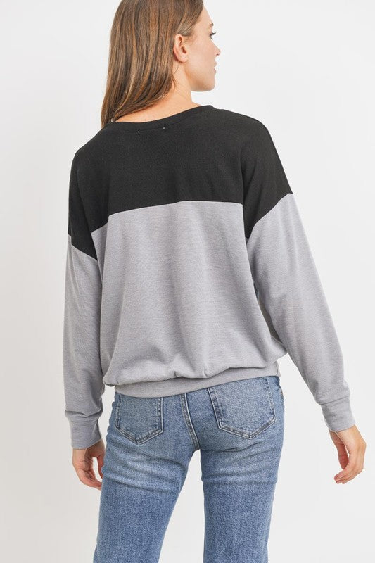Color Block Long Sleeves French Terry Knit Top !