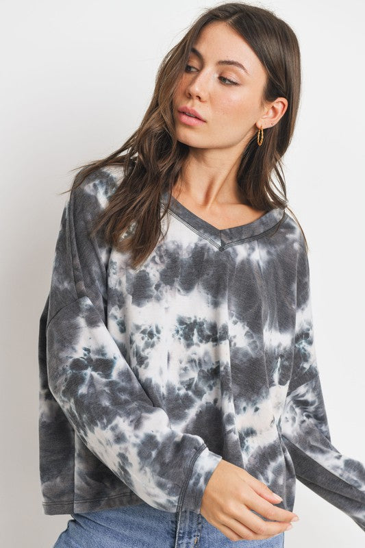 Long Sleeves V-Neck Tie Dye French Terry Knit Top !