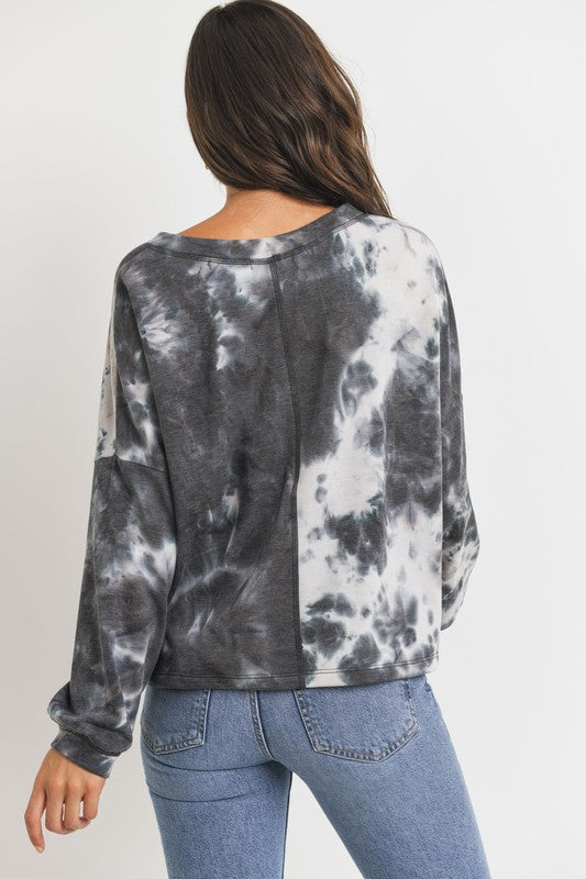 Long Sleeves V-Neck Tie Dye French Terry Knit Top !