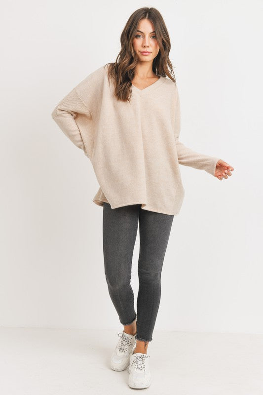 V-Neck Long Sleeves Contrast Wool Brushed Knit Top!