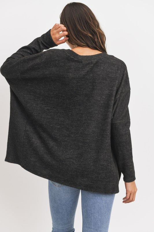 V-Neck Long Sleeves Contrast Wool Brushed Knit Top!