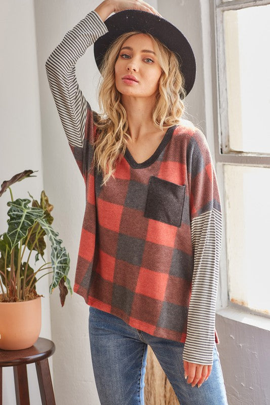 V neck plaid long sleeve top with striped sleeves!