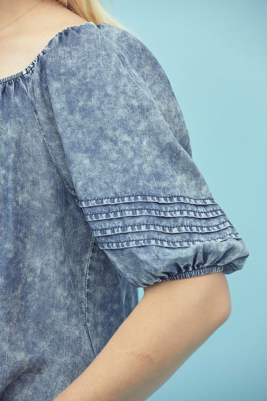 Curvy Style Washed Chambray Puff Sleeve Top!