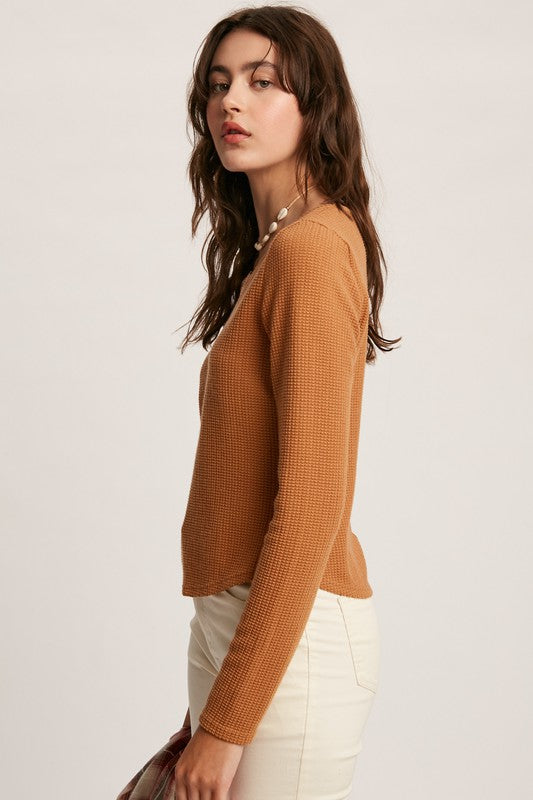 Waffle Textured V-Neck Accent Long Sleeve Knit Top!