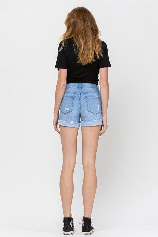High Rise Shorts With Cuff & Cutout Button Fly!