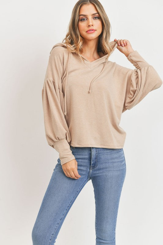 Long Balloon Sleeve French Terry Hoodie Top!