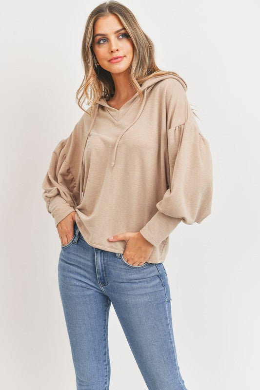 Long Balloon Sleeve French Terry Hoodie Top!