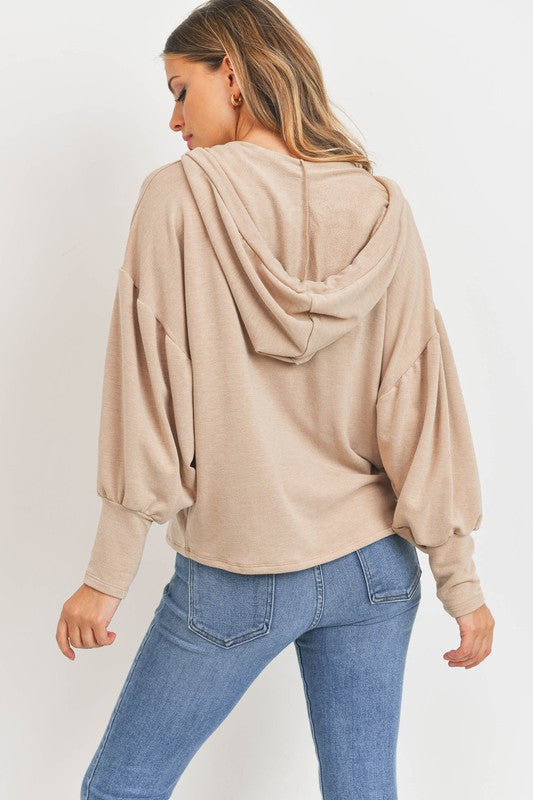 Long Balloon Sleeve French Terry Hoodie Top!