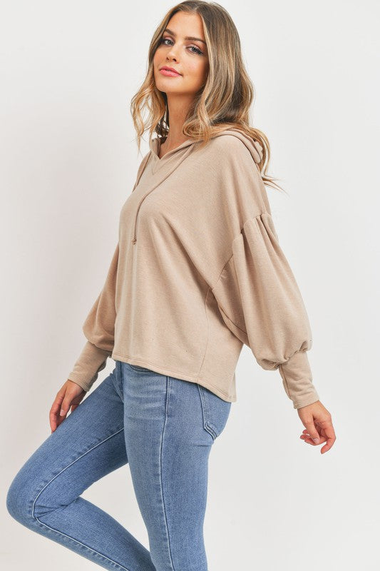 Long Balloon Sleeve French Terry Hoodie Top!