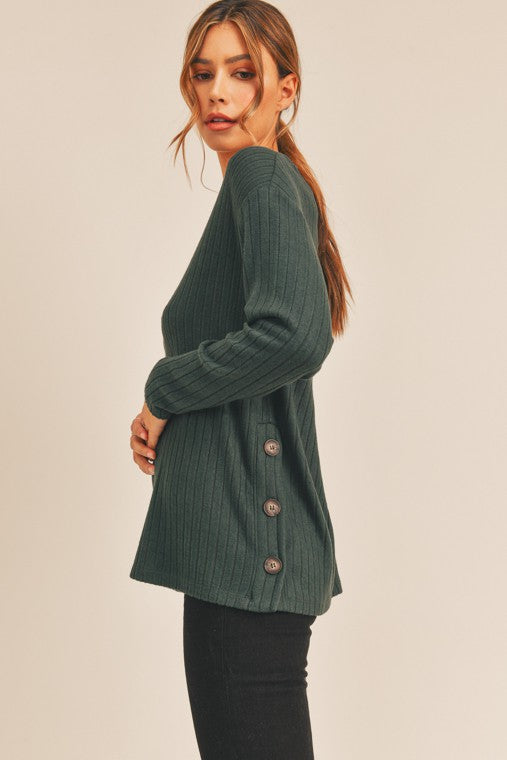 Side Button Long Sleeve Knit Top~!