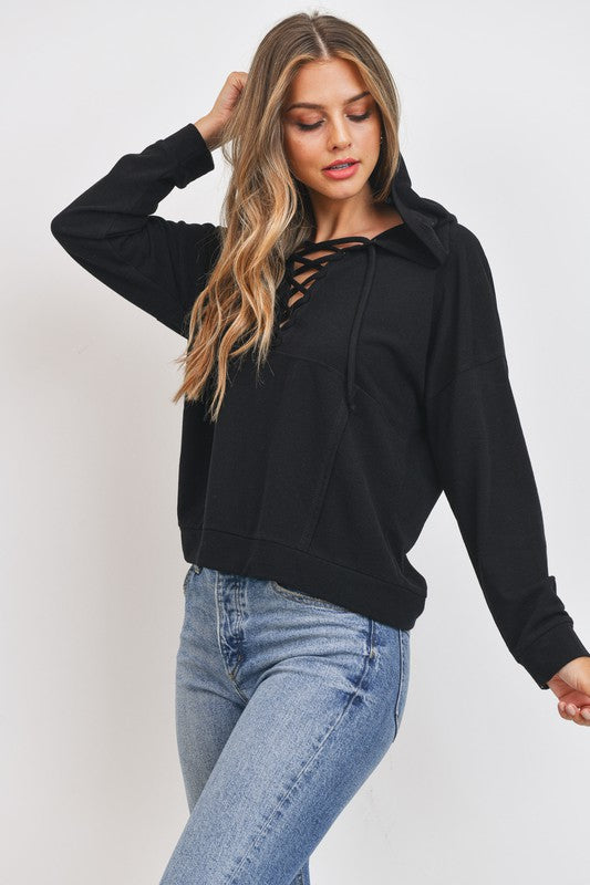 Criss Cross Front Tie French Terry Knit Hoodie~!