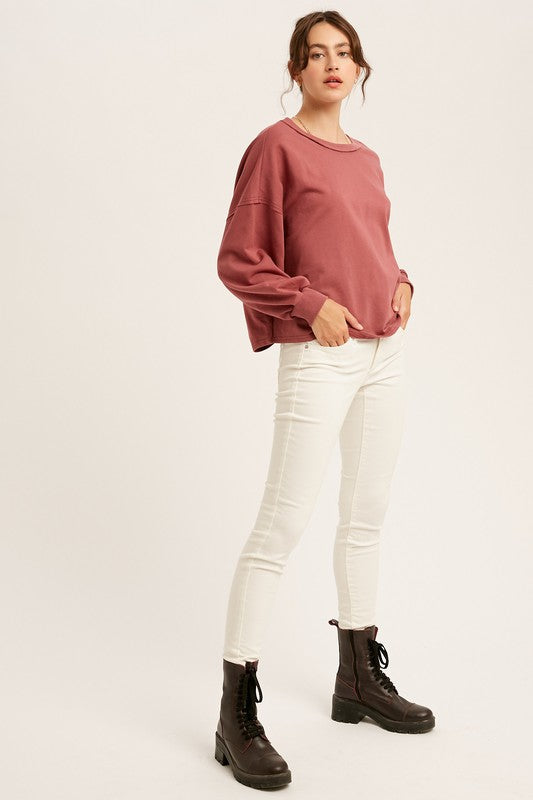 Wide Neck French Terry Ruched Back Sweat Top!