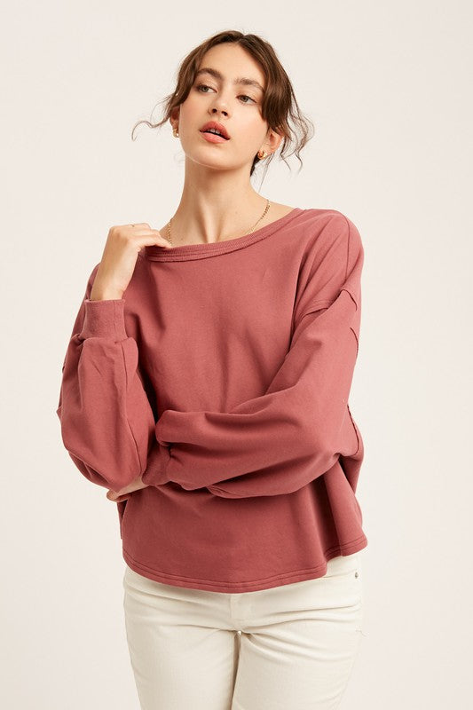 Wide Neck French Terry Ruched Back Sweat Top!
