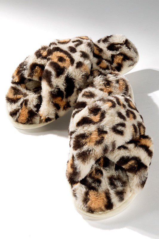 Plush Leopard Cross Strap Slippers!