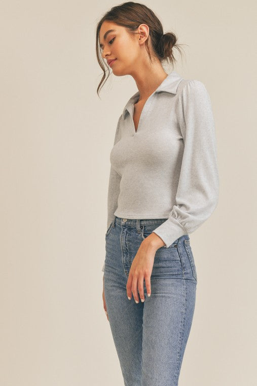 Collared V Neck Long Sleeve Top!