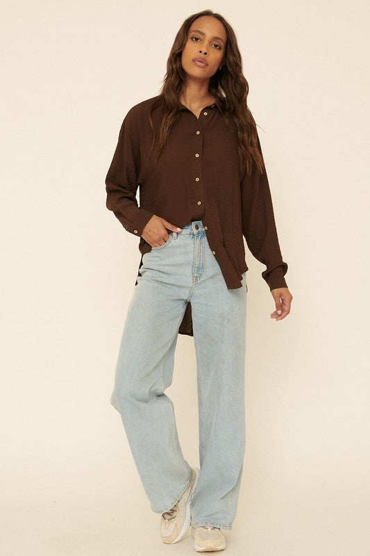 Solid Collared Button Front Back Twist Shirt !