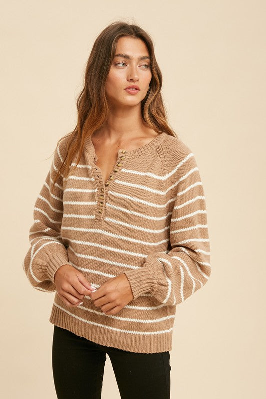 Striped Balloon Sleeve Button Down Sweater!