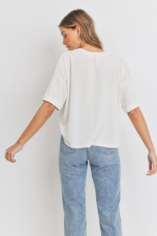 V Neck Short Sleeves Soft Jersey Knit High Low Top