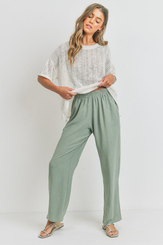 Wide Legged Pocket Solid Woven Pants