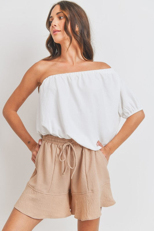 One Shoulder Puff Sleeve Crinkle Woven Top