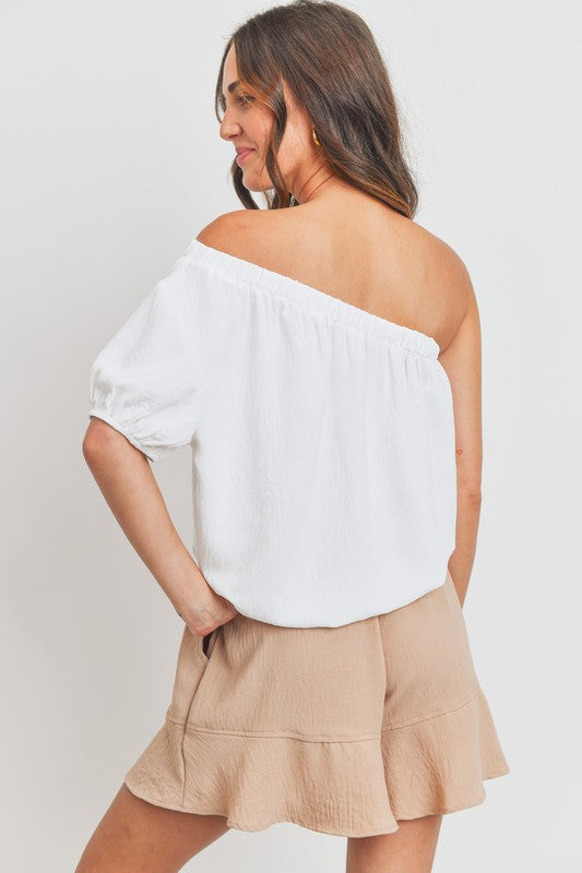 One Shoulder Puff Sleeve Crinkle Woven Top