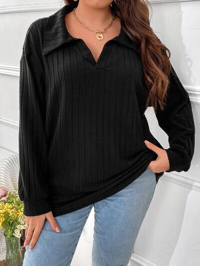 Pre-Order Plus Size Ribbed Johnny Collar Long Sleeve T-Shirt