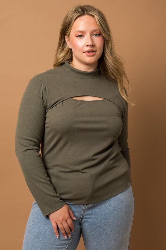 Curvy Style Mock Neck Cut Out Top