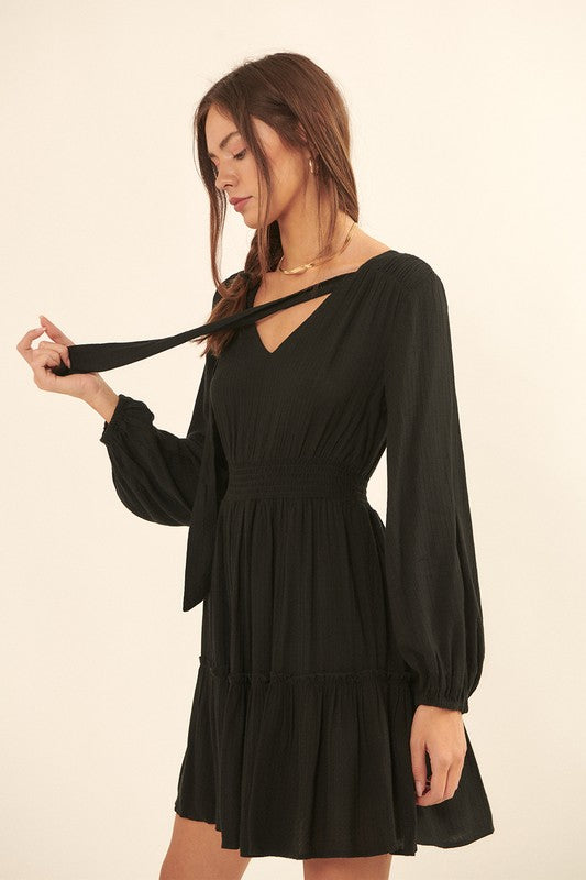 Solid Woven Tiered Ruffle V-Neck Mini Dress