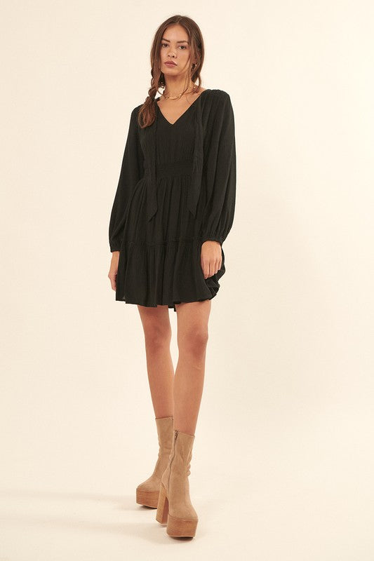 Solid Woven Tiered Ruffle V-Neck Mini Dress