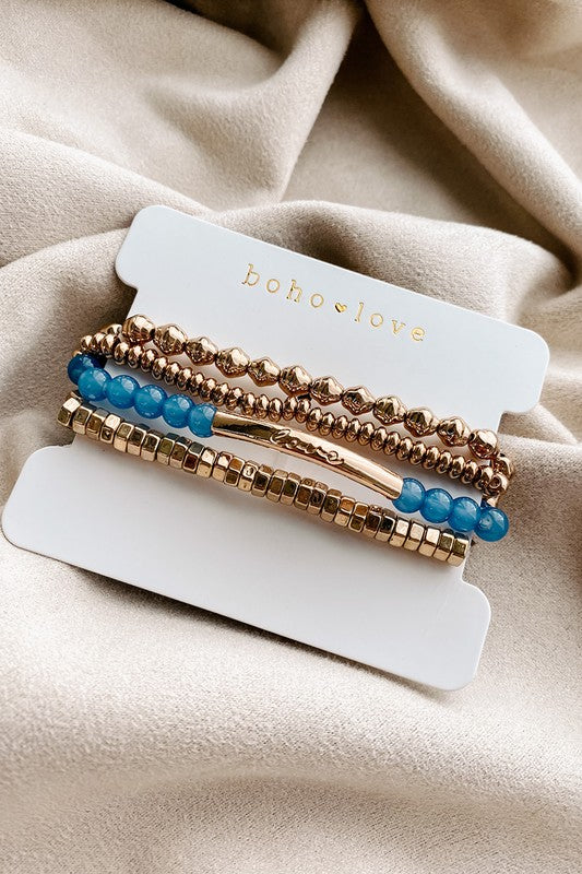 4 Piece Gold and Blue Bracelet Stack