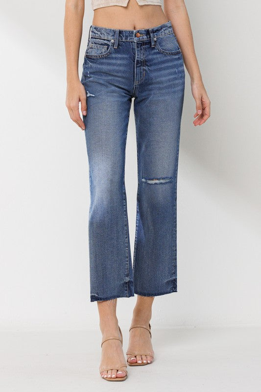 High Rise Slim Straight Jean With Some Distress