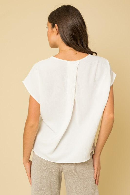 Short Sleeve White Blouse With Overlap Back Detail