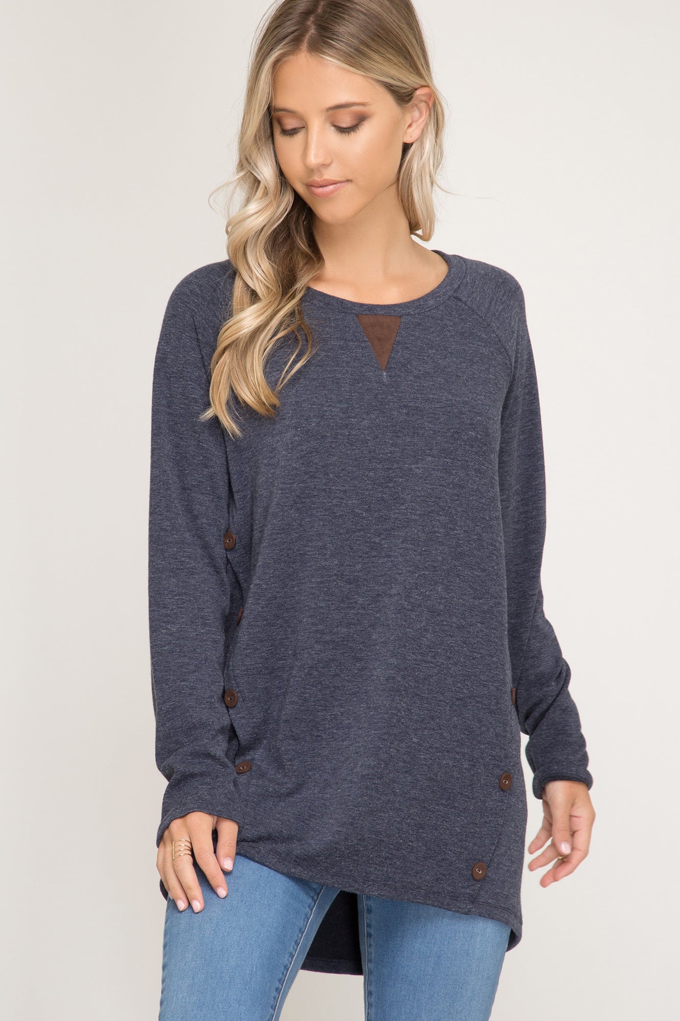 Long Sleeve Terry Knit With Faux Suede Button Details!