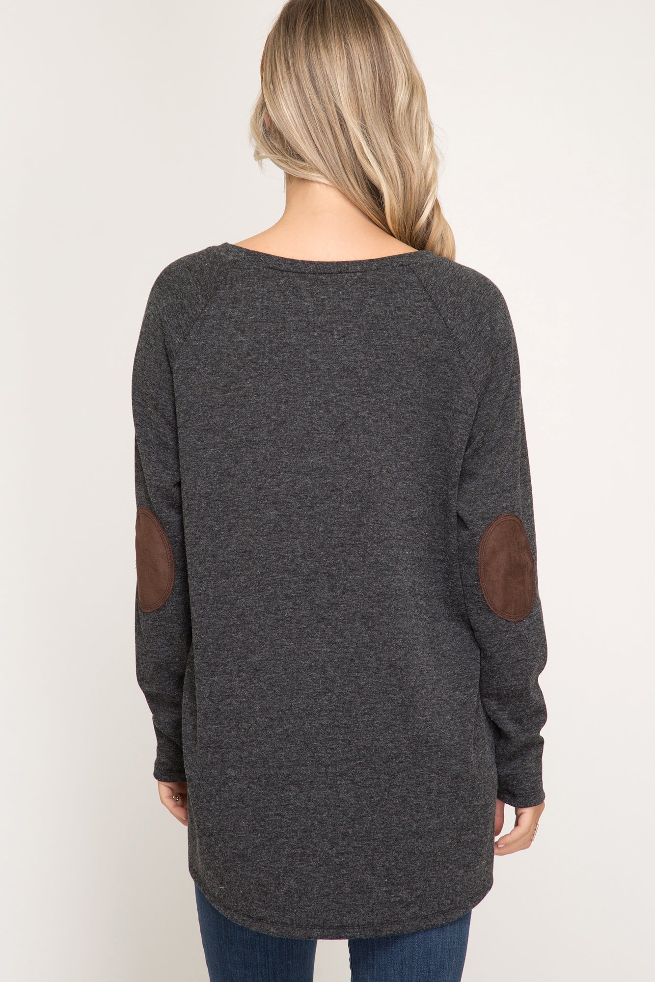 Long Sleeve Terry Knit With Faux Suede Button Details!