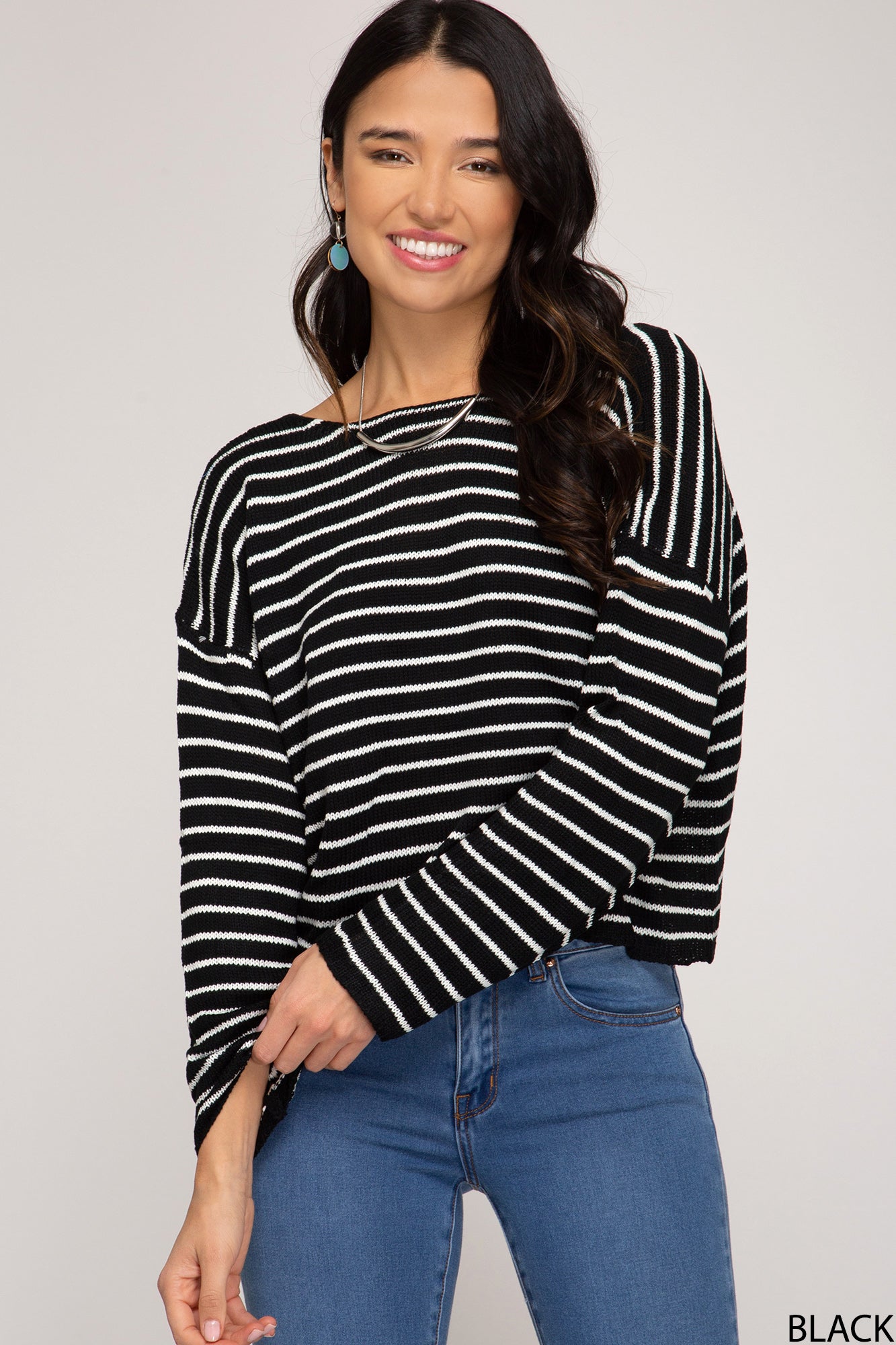 Long Sleeve Striped Sweater With Open Back Detail!