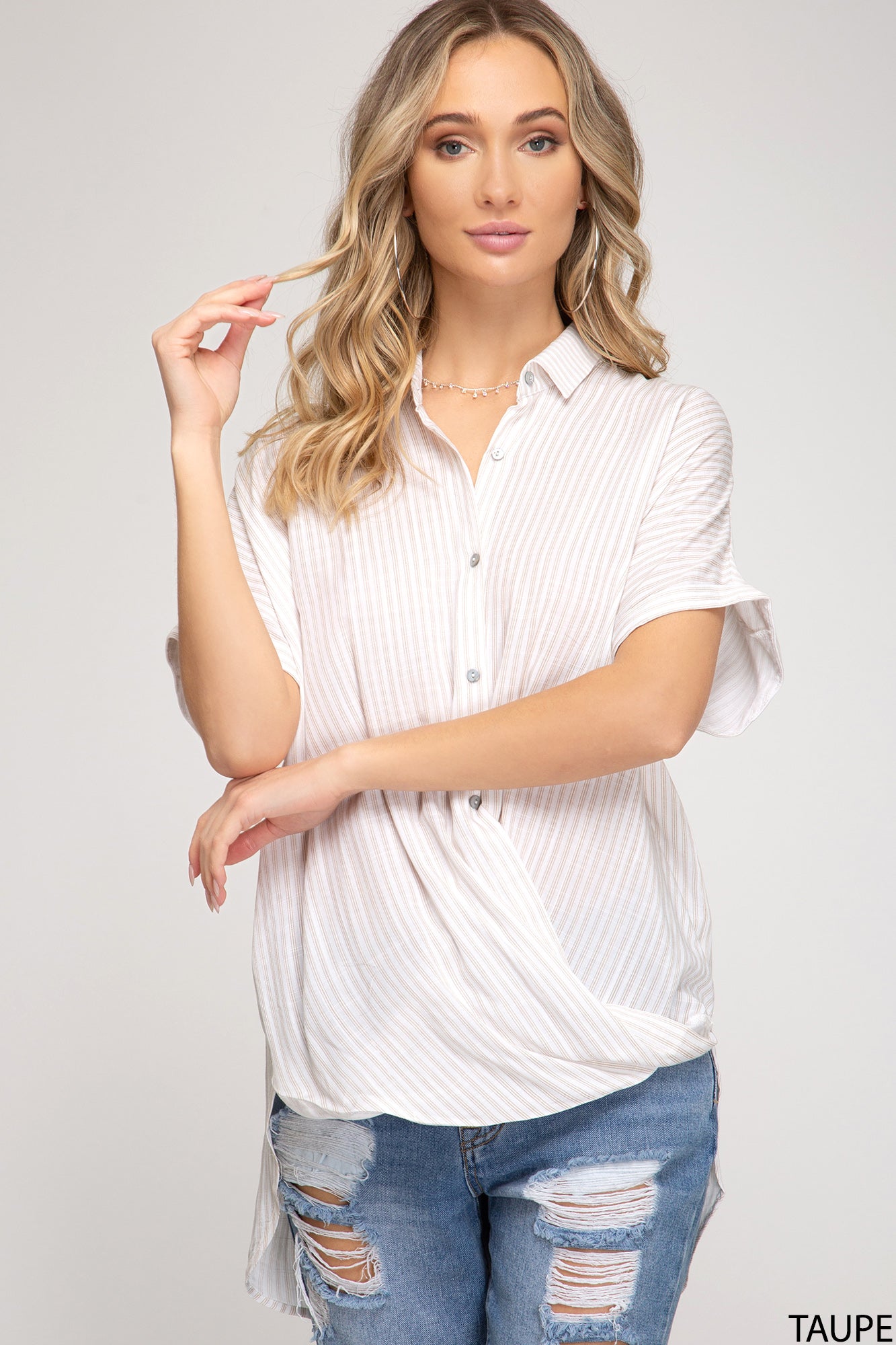 Woven Striped Top With Button Down Detail!