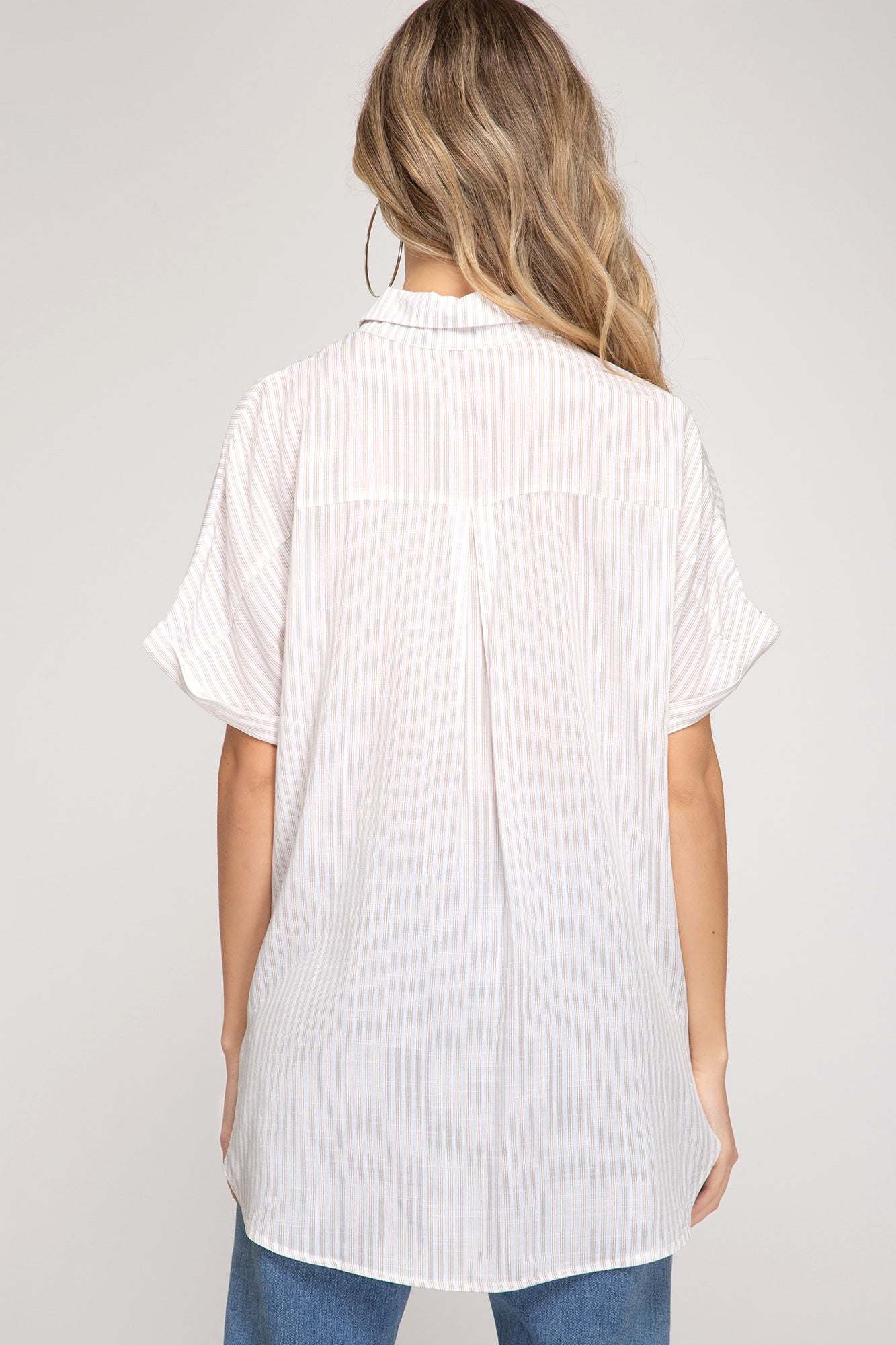 Woven Striped Top With Button Down Detail!