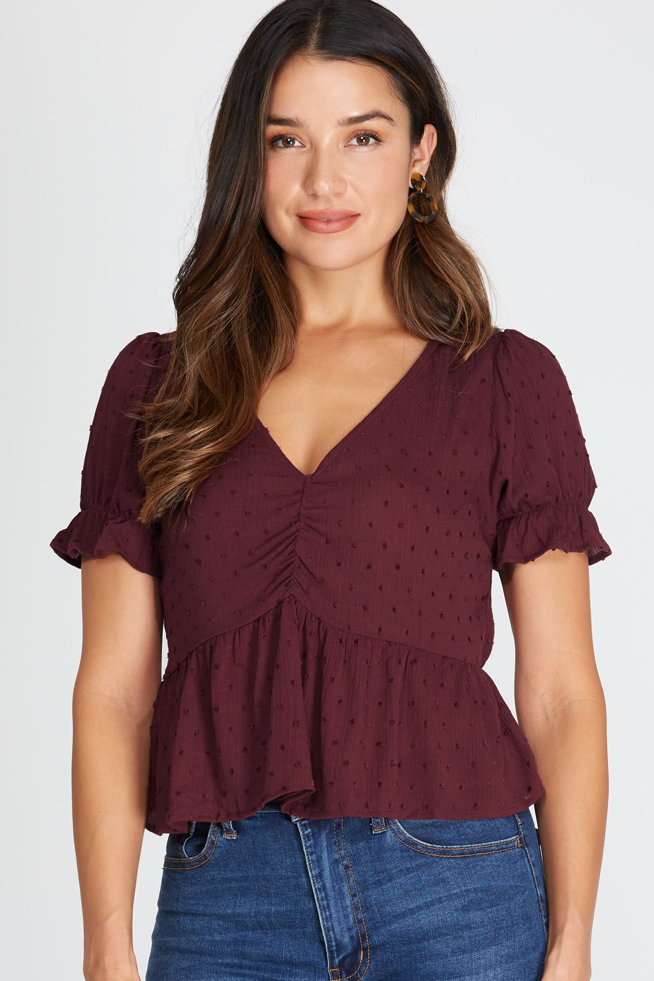 Short Sleeve Woven Top In Wine Color!