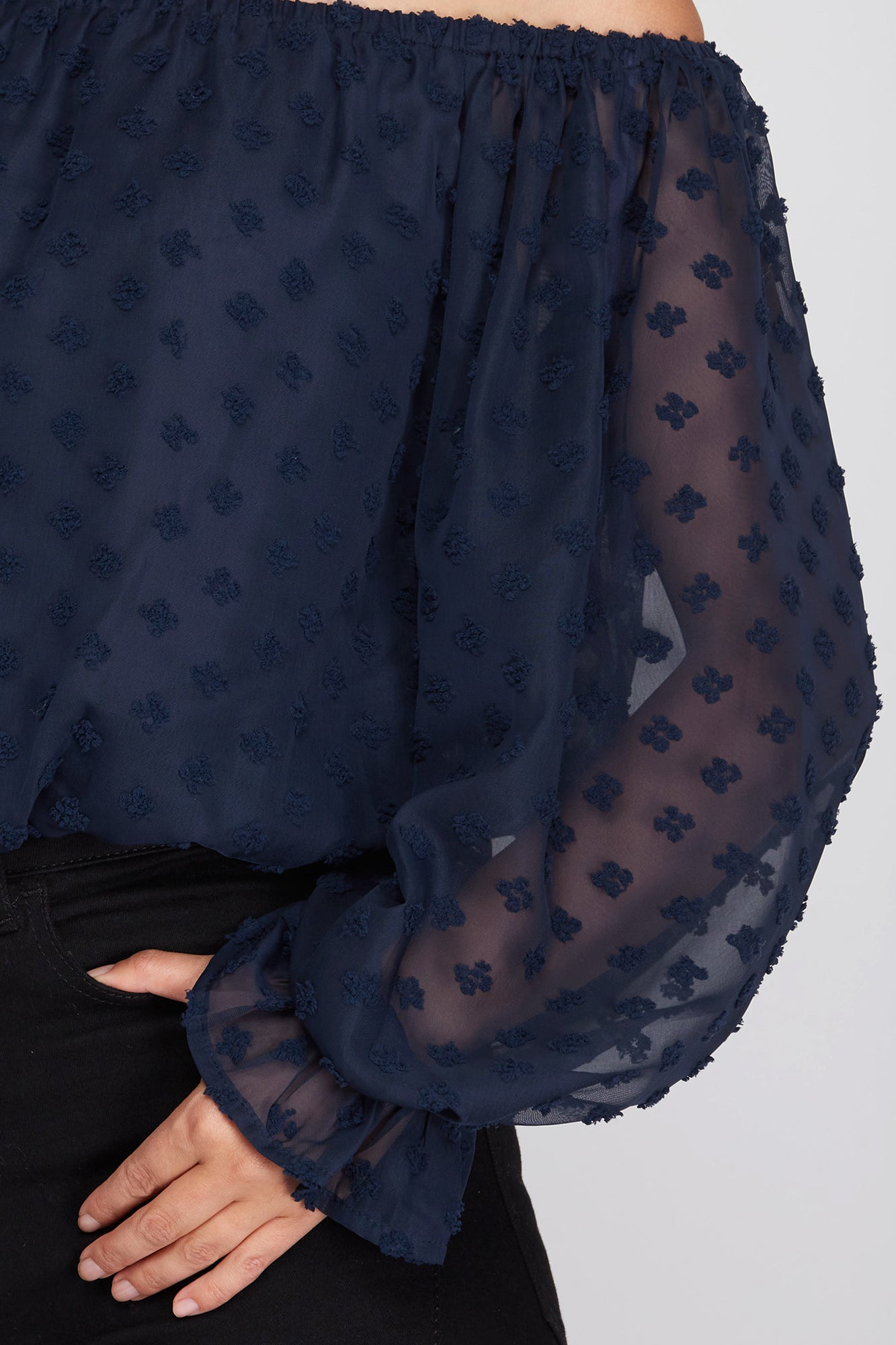 Long Sleeve Swiss Dot Off The Shoulder Top!